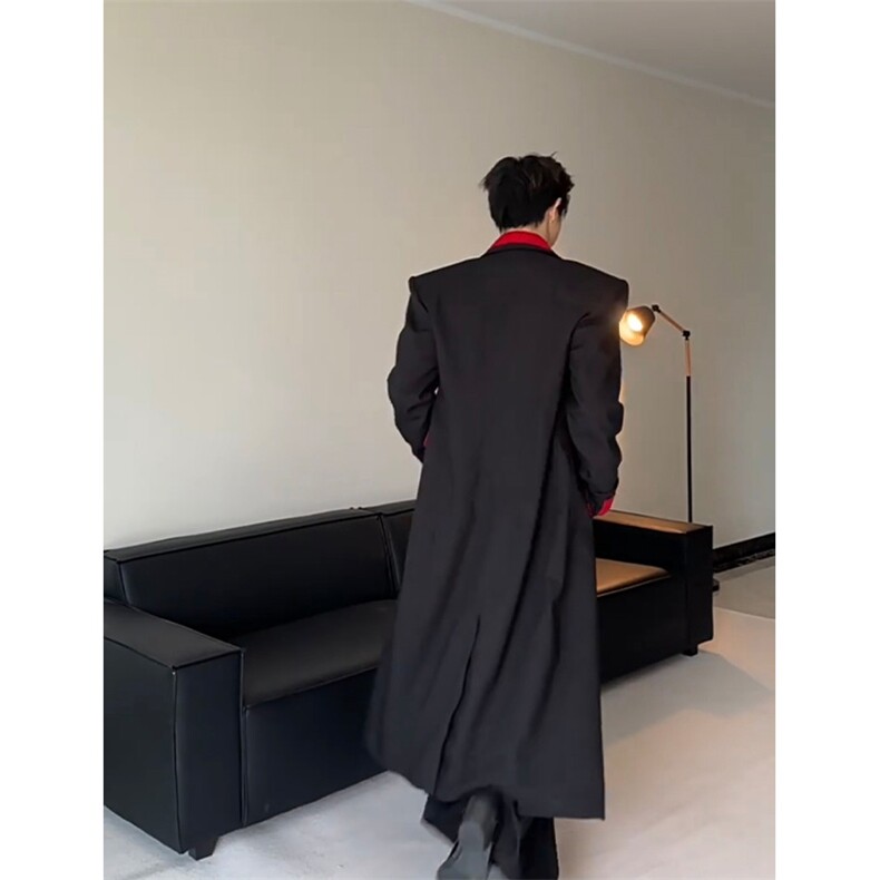 现货~黑红撞色长款垫肩收腰大衣Y960-西装风衣P118毛呢大衣P125，男装西服套装，星座1004-3