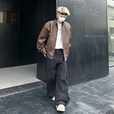 夹克外套男设计感廓形翻领短款pu皮衣拉链外套复古，男装夹克，星座716-3