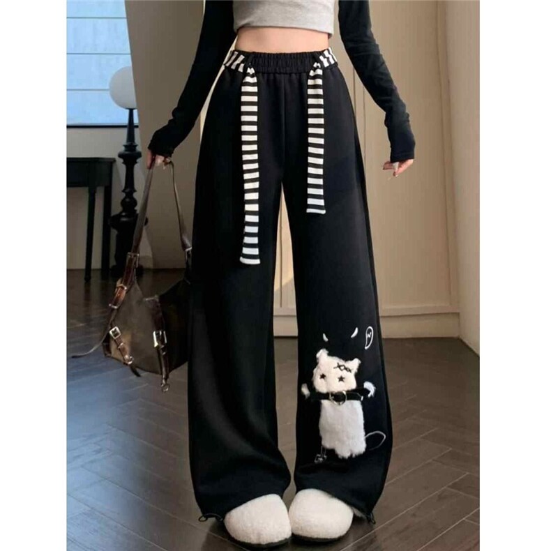 大码美式可爱猫咪黑色休闲卫裤女春夏慵懒风垂感宽松阔腿裤K8017,男装休闲裤,星座1116A（原606A-3）