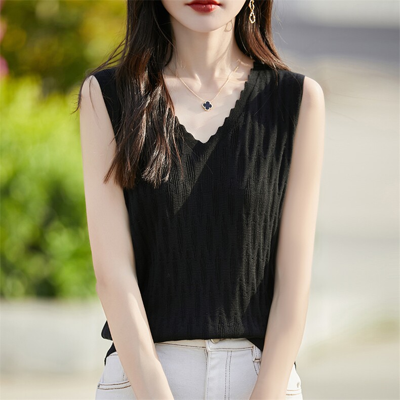 冰丝针织打底衫V领花边桑蚕丝吊带背心女士无袖t恤上衣春季薄款，女装背心吊带，暖烁羊绒