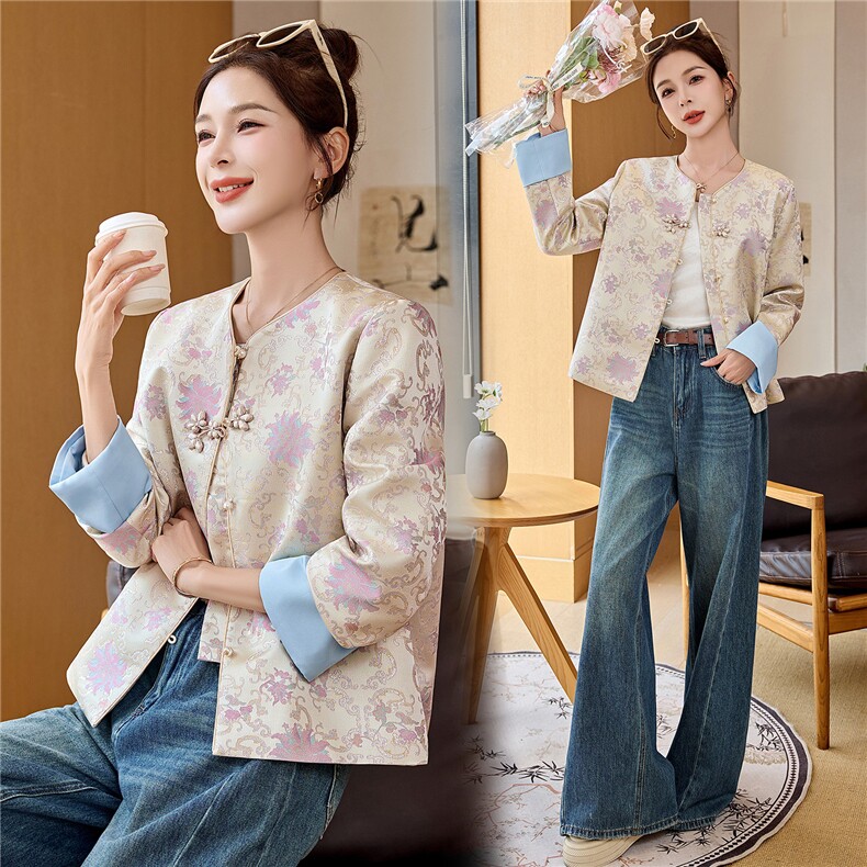 现货时尚潮流新中式宋锦巨好看提花盘扣复古春秋季女式外套图片