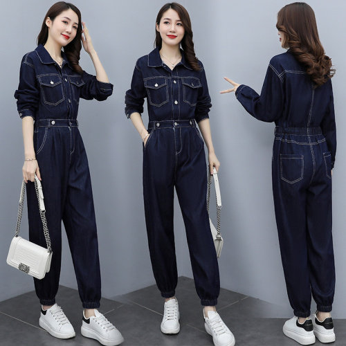 牛仔长袖深色牛仔裤工装裤街头中腰修身秋季连体裤翻领女，女装连体裤，微微衣阁