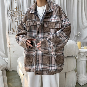 2025冬装宽松大码韩版休闲潮流格子毛呢大衣男装外套DM180-P75图片