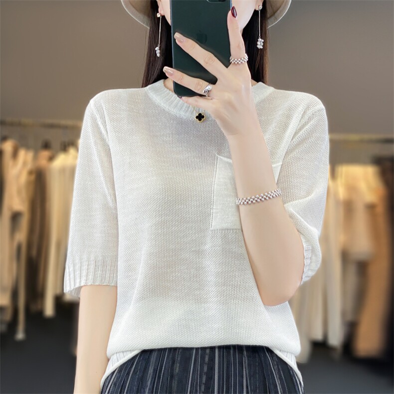 圆领竹节麻针织短袖女夏季新款带兜套头韩版T恤宽松显瘦半袖上衣,针织衫/毛衣,大美人包芯纱店