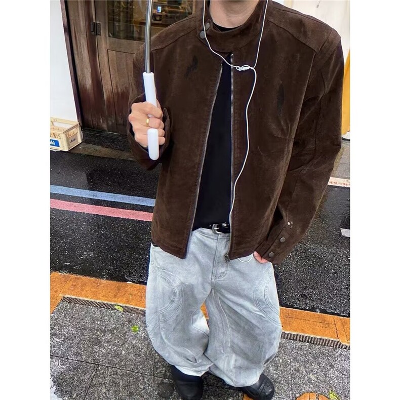 咖色麂皮外套男款秋季美式复古立领棒球服cleanfit短款哈灵顿夹克图片