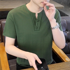 2025夏季棉麻透气清凉男士风盘扣短袖休闲T恤上衣XF9801-P50，男装T恤，星座1105-3