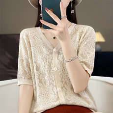 单排扣开衫V领2025年春季直筒镂空绣花短袖针织衫，女装羊毛衫，朝贺羊绒