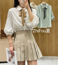 夏季新款“奶油泡芙”浅条纹撞色飘带灯笼袖小衬衣，其它，知否