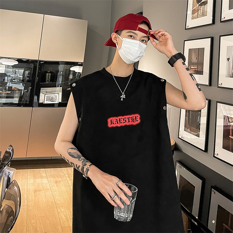 港风夏装新款麂皮绒印花可拆卸圆领宽松短袖T恤男背心潮D286P38，男装背心/马甲，电商A335-1（原A458）