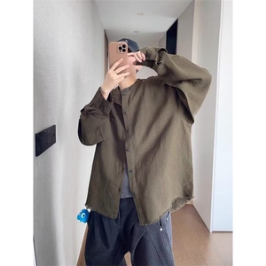 W10205-P43 网图现货 ins原宿亚麻衬衫无领衬衣简约新款文艺潮流图片