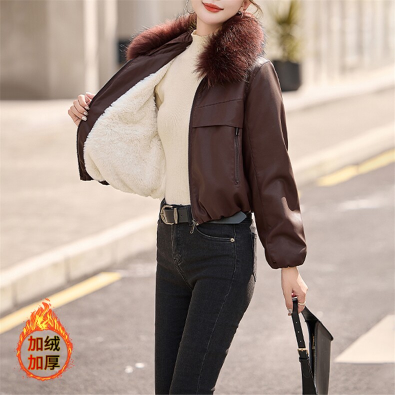 安可拉红加绒加厚短款皮衣外套女款2024冬季新款真毛领皮棉服夹克,女装皮衣,美拉德工厂直营店