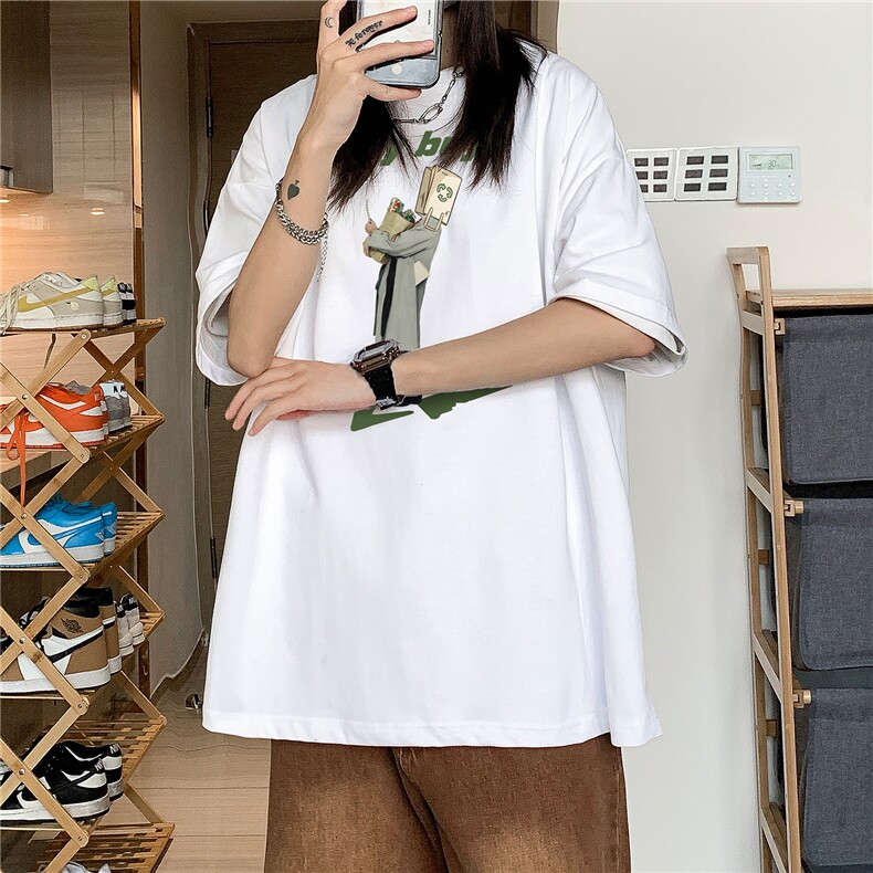 中性 潮牌设计小众宽松圆领人像印花短袖T恤女宽松上衣 H838 P30图片