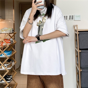 中性 潮牌设计小众宽松圆领人像印花短袖T恤女宽松上衣 H838 P30图片