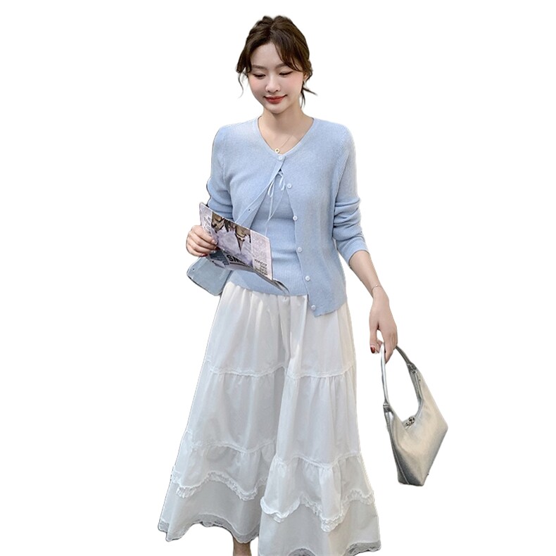 现货：春装新款韩系针织吊带开衫＋白色半身裙三件套6880P145K218，女装针织衫/毛衣，2C135