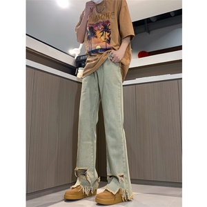 现货黄泥美式vibe裤高街黑色破洞微喇直筒毛边牛仔裤男K890-P55