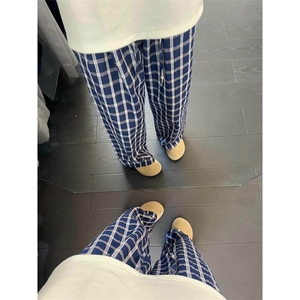 美式高街潮牌男女泡泡格子休闲裤直筒宽松慵懒显瘦阔腿休闲长裤子图片