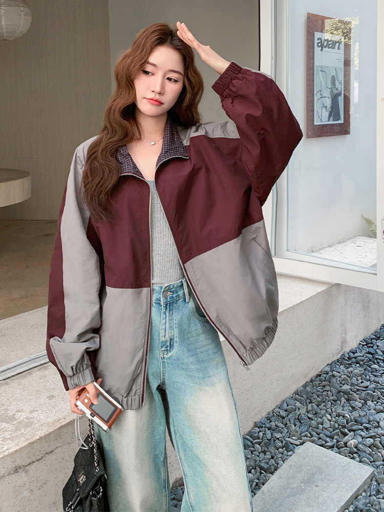 新款现货！格纹领拼色休闲外套6856-P165-K248,女装派克服,2D034