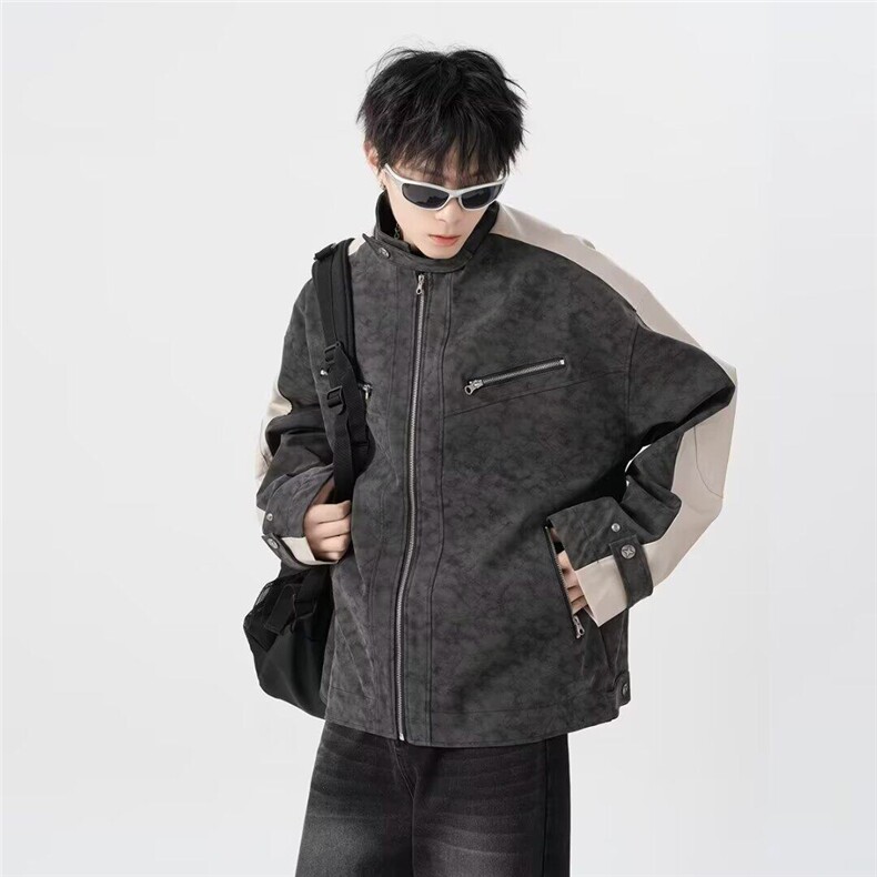 W9190-P80网图现货春季新款美式拼接PU皮夹克宽松潮牌立领外套,男装夹克,星座1608-2