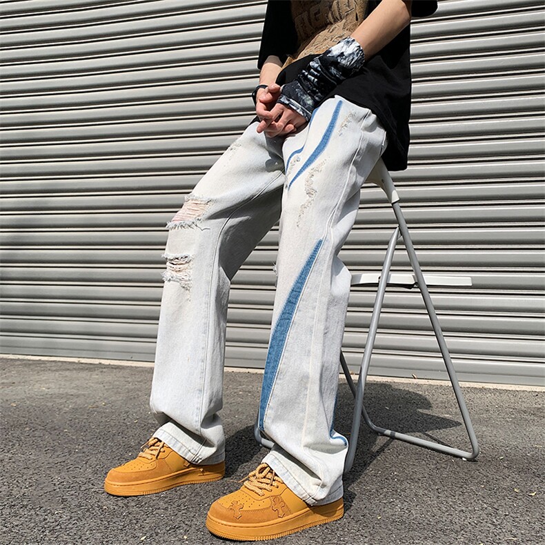抖音品质美潮设计感高街破洞撞色洗水牛仔裤313A-1-NZ039-P65控78图片