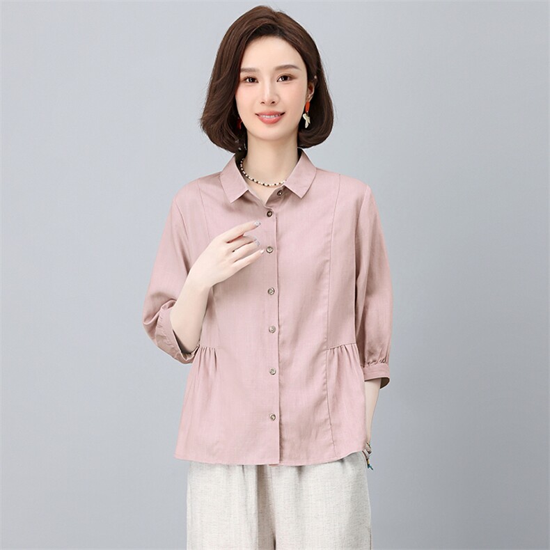 天丝亚麻衬衫女夏季薄款2025新款棉麻上衣休闲洋气妈妈款高贵小衫,女装衬衫,忆绮罗