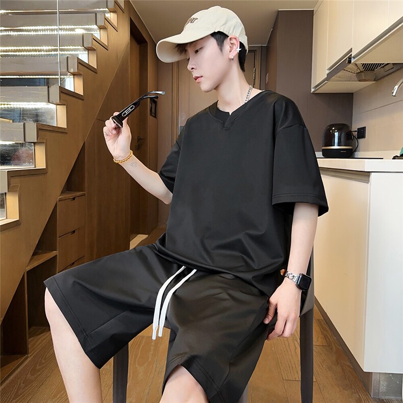 光版二开冰丝垂感休闲运动套装男V领一套夏季A266-BSVLTZ007-P50,男装休闲套装,电商A266