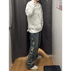 秋冬新款港风直筒宽松假破洞牛仔拖地长裤-NZ018-网络图，男装休闲裤，星座1002-2
