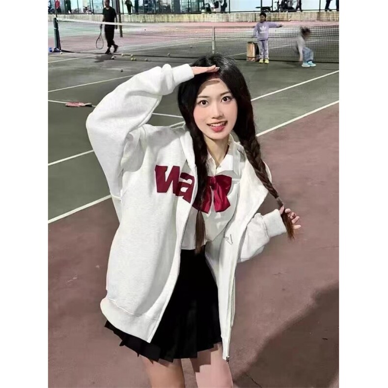 5616-P38美式复古宽松慵懒风拉链连帽卫衣加绒外套图片