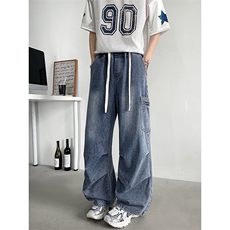 美式褶皱伞兵牛仔裤男抽绳松紧腰宽松直筒裤子-A2033P48控88，男装牛仔裤，电商B241