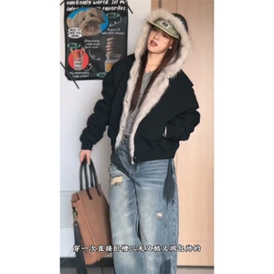 现货高品质美式高街冬季重磅硬挺短款座山雕毛领棉衣男女加厚外套图片