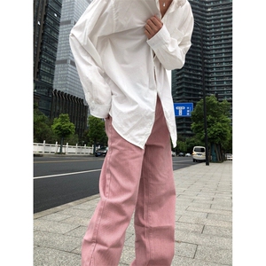 潮牌时尚冰莓粉宽松直筒水洗牛仔裤X1002-1-NZ2413-现货图片