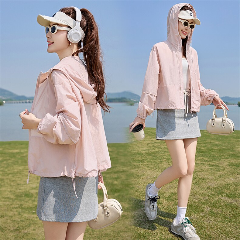 时尚防晒衣女夏季2025新款宽松休闲防晒服连帽户外透气开衫薄外套,女装防晒衣,以桐