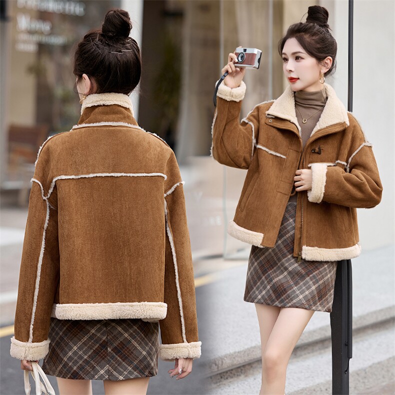 皮毛一体羊羔毛外套女冬2026新款仿鹿皮绒短款加绒加厚机车服上衣,女装棉衣/棉服,蓝诺裳
