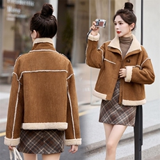 皮毛一体羊羔毛外套女冬2026新款仿鹿皮绒短款加绒加厚机车服上衣，女装棉衣/棉服，蓝诺裳