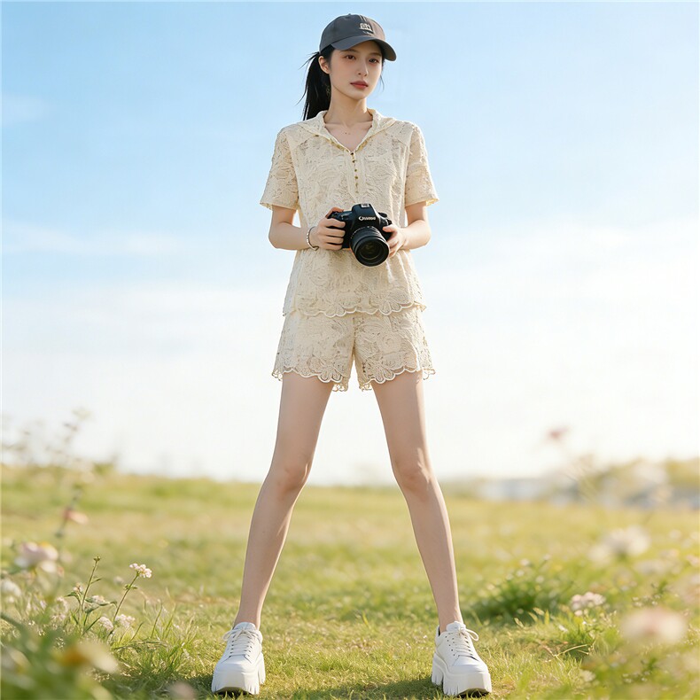 盐系高级感时尚气质套装女夏新款蕾丝碎花连帽短袖阔腿短裤两件套,女装套装/套裙,江南