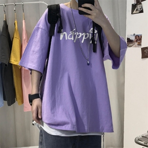 T005常年款男士休闲字母印花T恤衫外套圆领半袖五分袖TEE男女中性图片