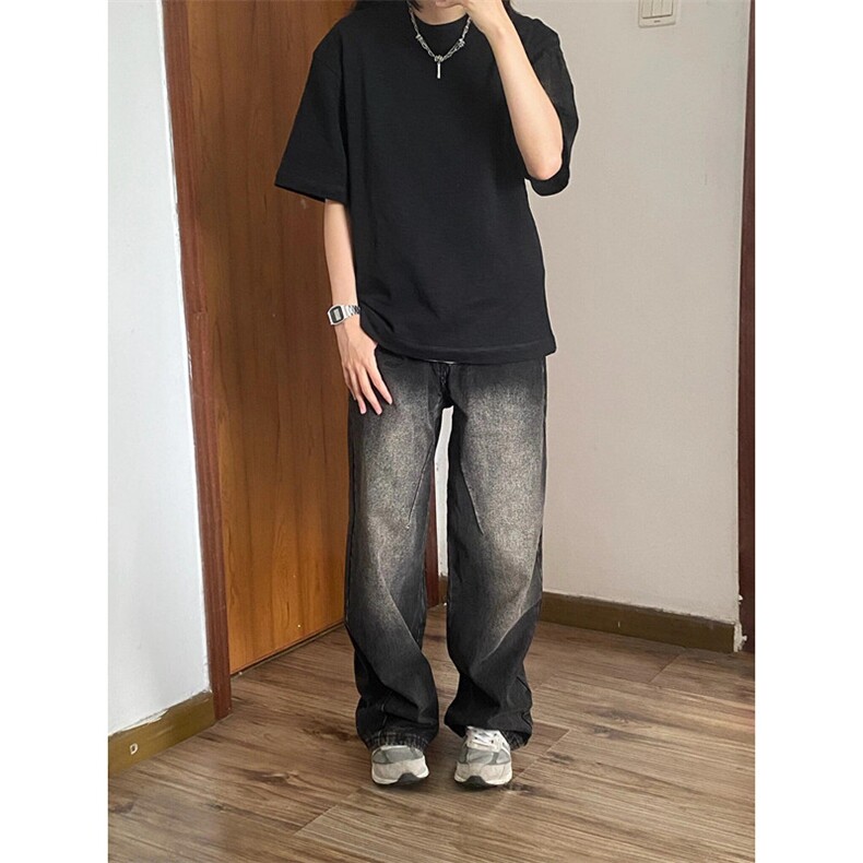复古做旧水洗黑色牛仔裤男女欧美高街直筒阔腿长裤NT01,男装牛仔裤,星座1116A（原606A-3）