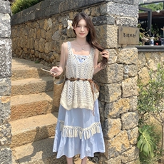 法式罩衫流苏吊带连衣裙套装女夏2025新款长裙艺术感穿搭独特别致，女装连衣裙，2C135