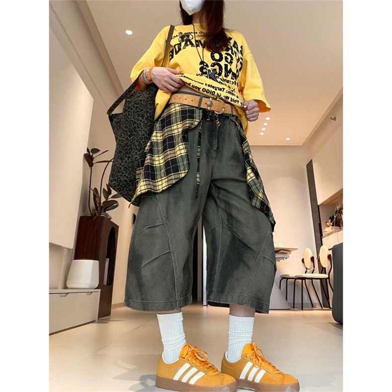 网图有货美式做旧脏染工装短裤男女宽松阔腿褶皱七分裤A493-P58,男装牛仔裤,星座1505