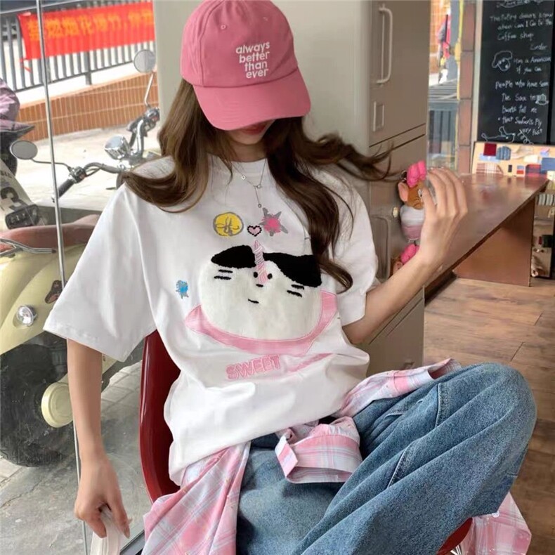 H0620-P35毛巾绣宽松T恤2026新款小猫蛋糕短袖女图片