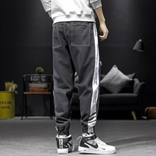 2021春秋季新日系男大码束脚印花撞色拼接九分破洞牛仔裤N8105-P50，男装牛仔裤，电商A001