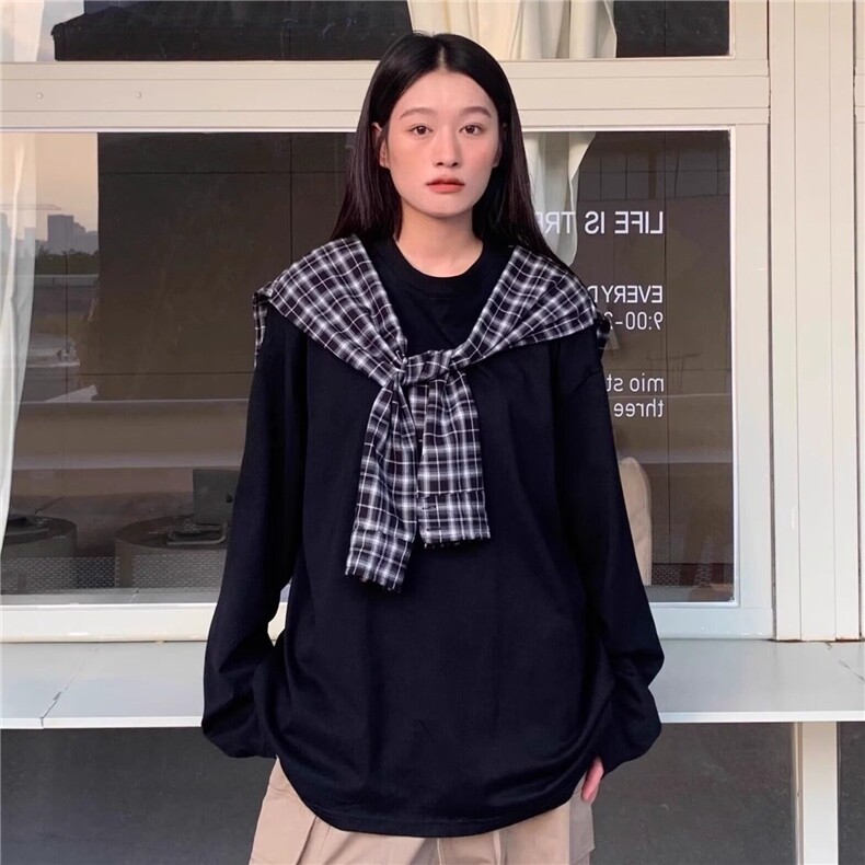 【有货】DT1806-特P58美式披肩格子设计假两件绑带长袖t恤男女潮,男装T恤,星座603-2