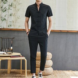 中国风亚麻套装男潮流潮牌短袖t恤佛系棉麻唐装2021夏季TZ027-P50图片