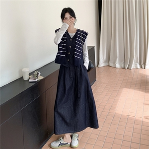 韩版宽松休闲显瘦条纹披肩无袖背心马甲半身牛仔裙女春秋三件套图片
