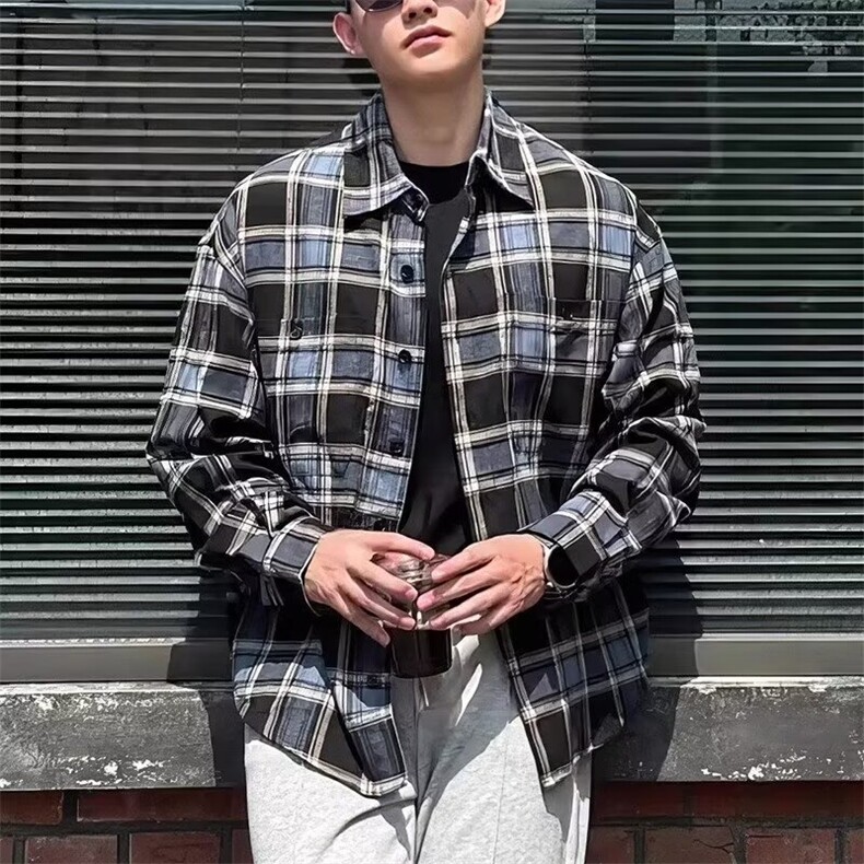 GS6132P34日系港风复古翻领长袖格子衬衫外套男宽松时尚百搭休闲,男装衬衫,星座1108-5