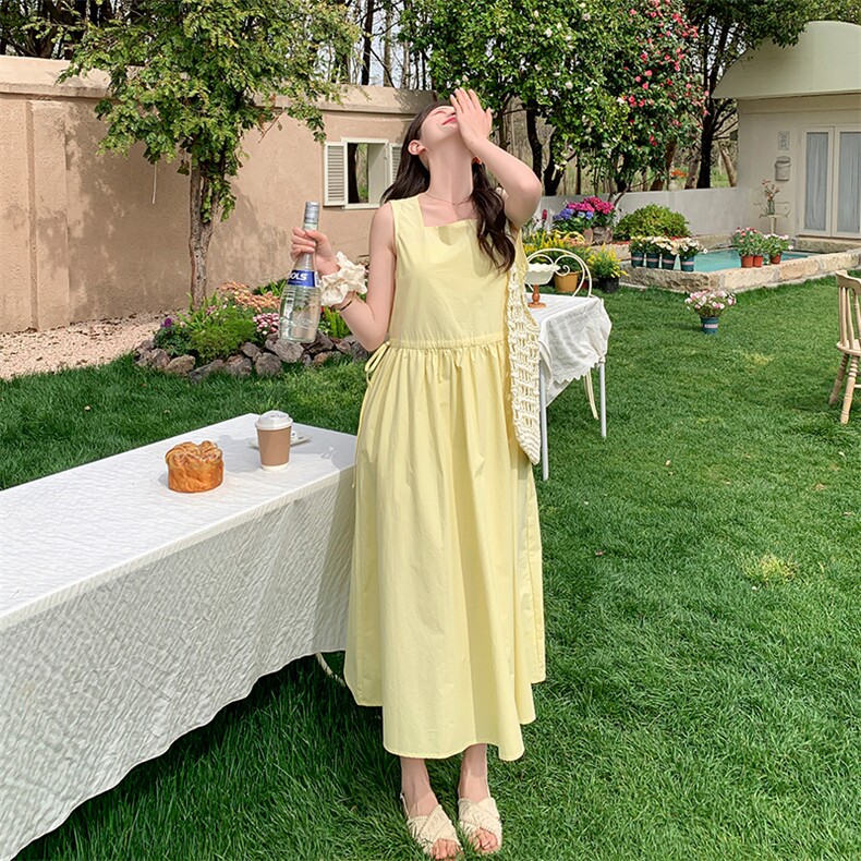 法式黄色无袖背心吊带连衣裙女夏2025新款收腰显瘦减龄气质长裙子,女装连衣裙,浙宝192（原082）