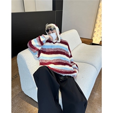 美式蓝白条纹连帽毛衣男女冬季慵懒风撞色情侣针织衫MZ733-P72，男装针织衫/毛衣，星座412-2