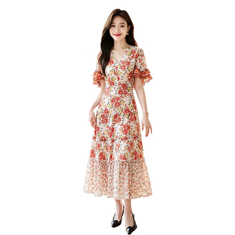 现货秒发2026夏装新款韩版碎花连衣裙大摆裙,女装连衣裙,妙形