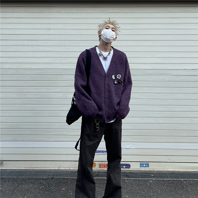 高级感紫色百搭V领针织开衫男女秋冬新款胸针宽松慵懒风毛衣外套，男装针织衫/毛衣，星座1210-1