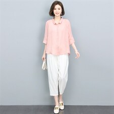 高端苎麻衬衫女夏季2024新款棉麻风上衣中年妈妈洋气减龄漂亮小衫，女装套装/套裙，奕阳依阁