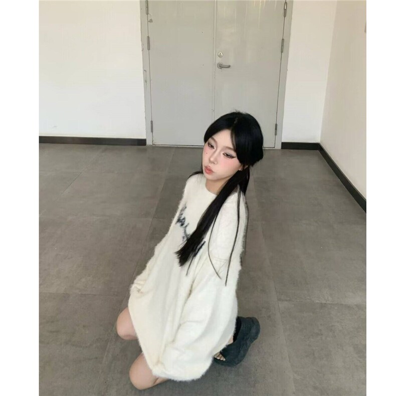 白色针织衫软糯毛衣女秋季慵懒风毛绒绒字母宽松百搭加厚学生上衣,男装针织衫/毛衣,星座506A